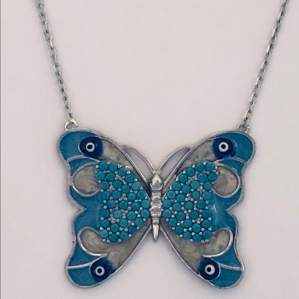 🦋 925 Silver Blue Butterfly handmade enamel evil eyes necklace turquoise stones